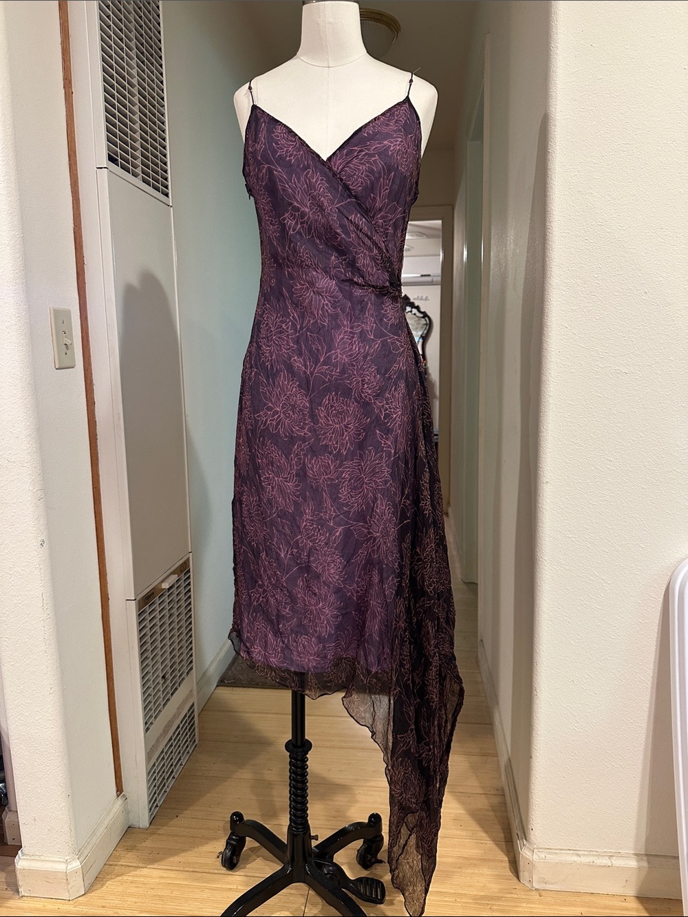 Y2K Vintage Purple Floral Asymmetric Beaded Strap Slip Dress